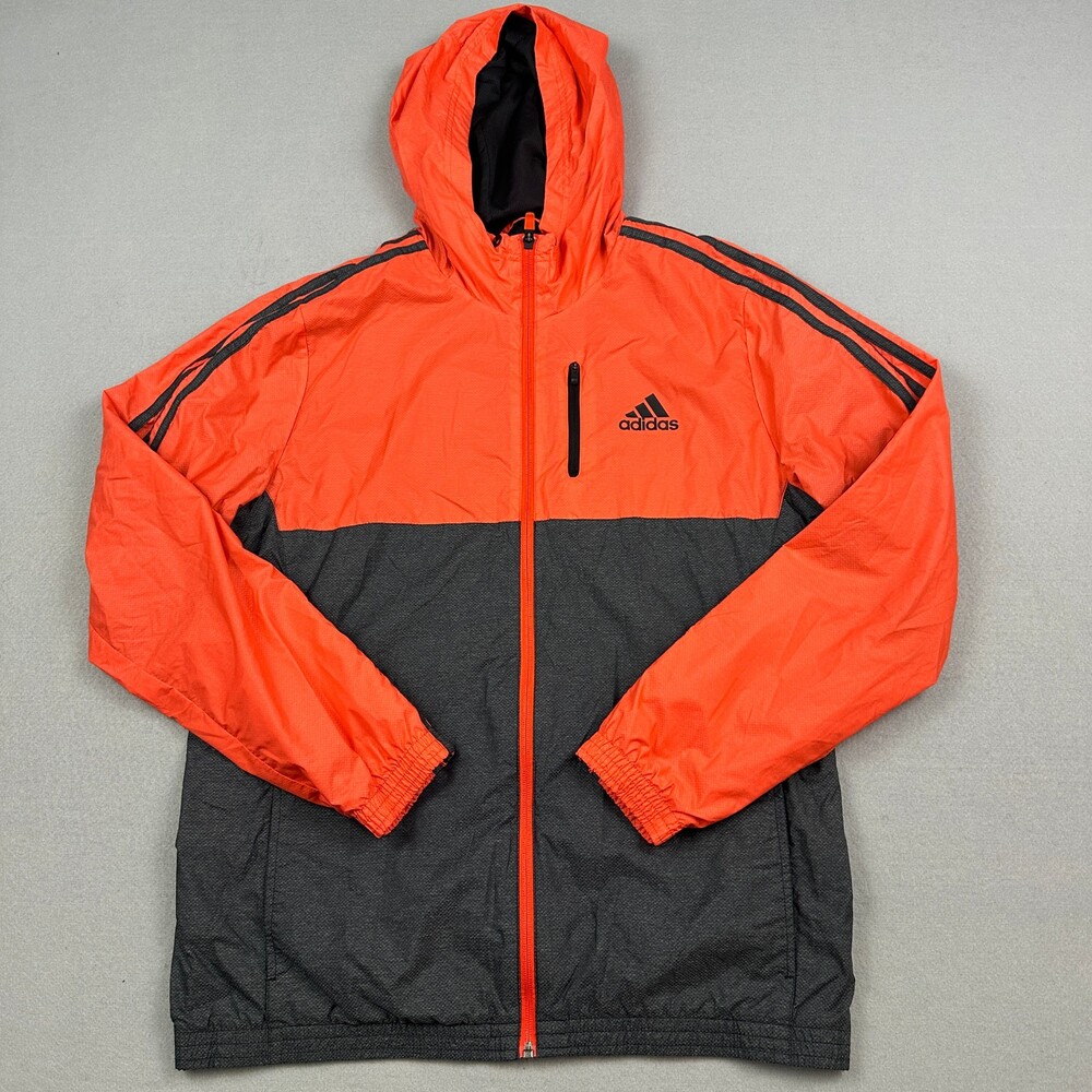 adidas Jacket Men Large Orange Gray Colorblock Full Zip Hooded Windbreaker L
